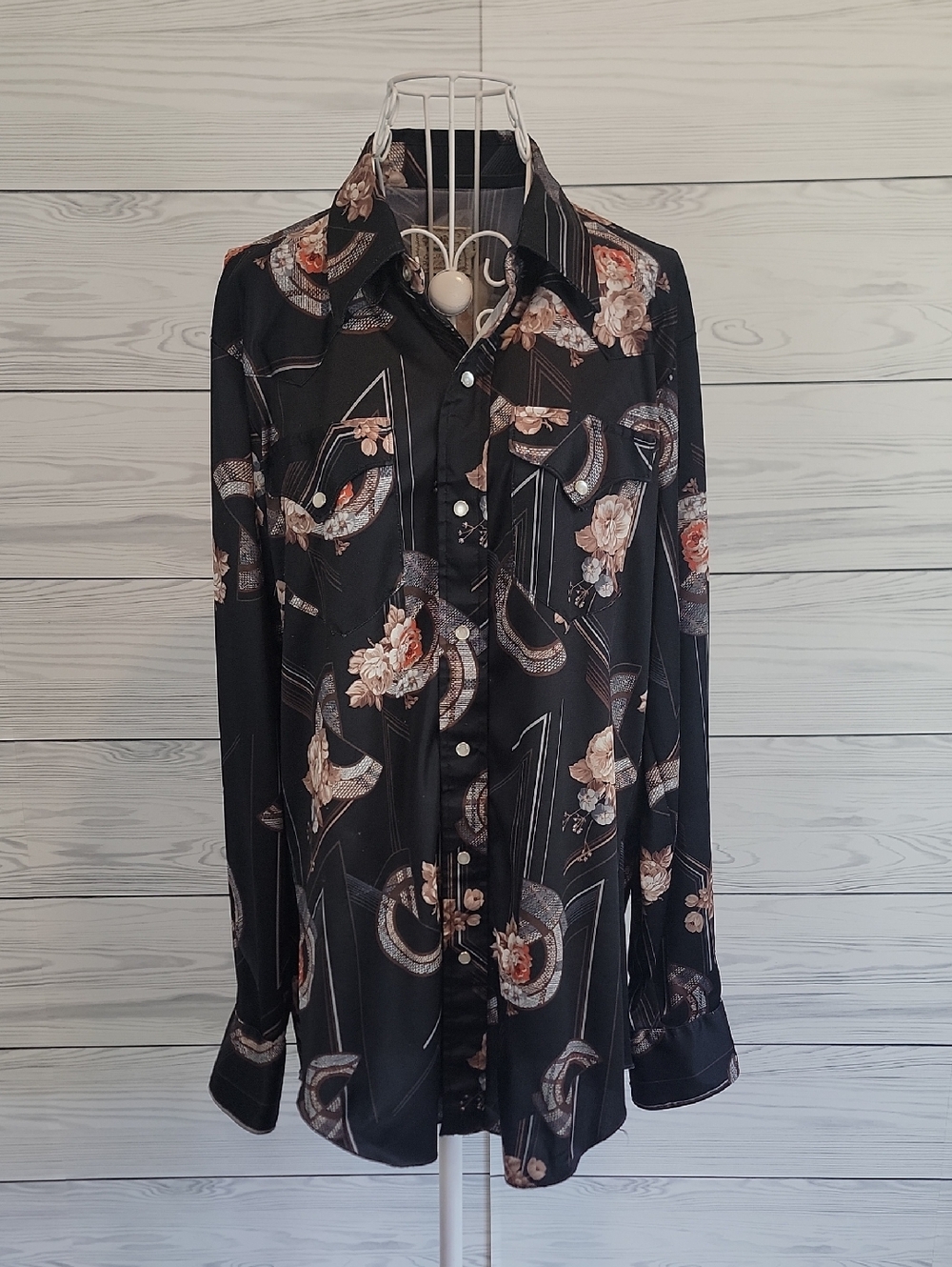 H Bar C Ranchwear Retro 70s  Black Floral Button-Up Shirt Mens Size Neck 16